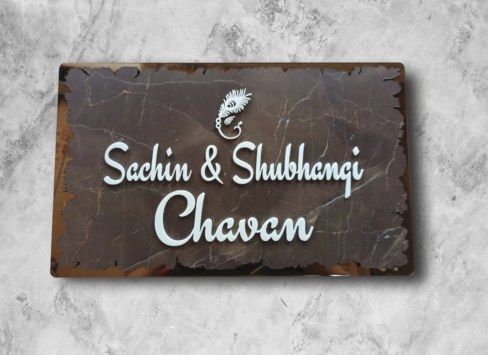 Stone cut acrylic nameplate with Bronze border